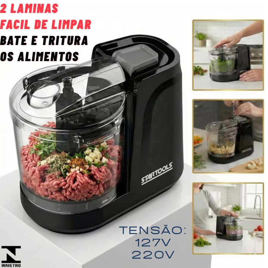 Mini Processador Elétrico 350ml 127V 100W Ou 220V 200W Preto Triturador Compacto Alta Potencia
