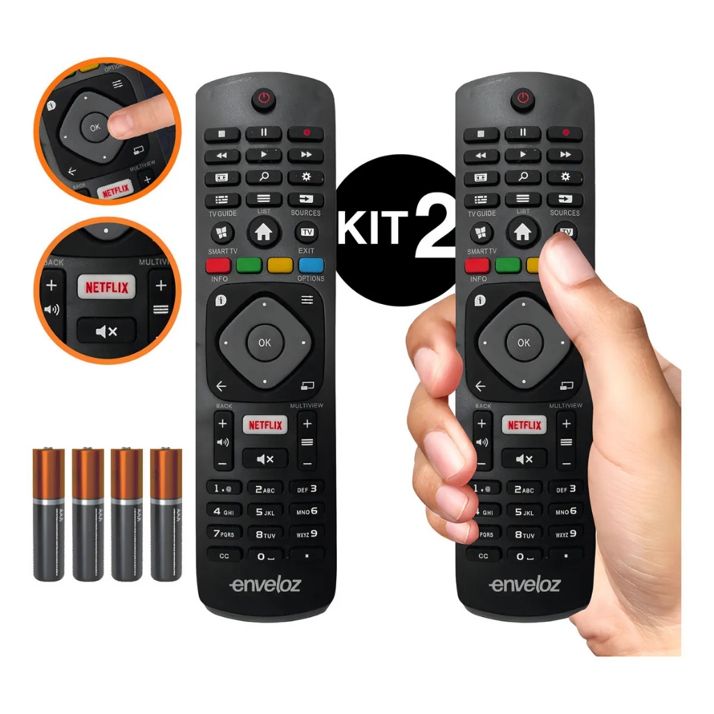 Kit 2 Controle Remoto Para Tv Philips Smart Lcd Led Tecla Netflix Compatível Com Varios Modelos Tvs Philips 43pfg5102/78