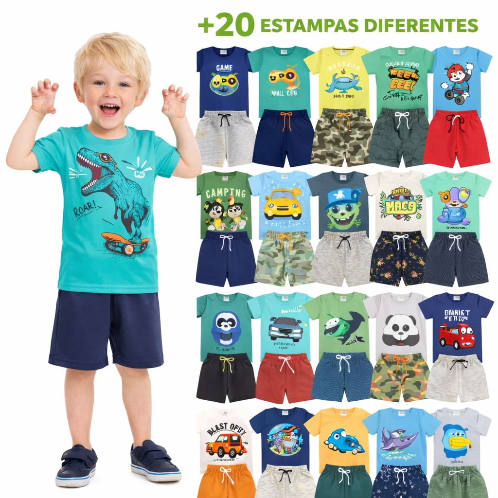 Kit Sortido 6 Peças de Roupas Infantil Menino 3 Camisetas + 3 Bermudas - Kit com 3 Conjuntos Infantil Verão Menino