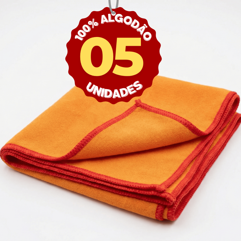 Kit 5 Flanelas de Limpeza Laranja 38x28cm Algodão | Cantos Overloque | Multiuso para Casa e Carro