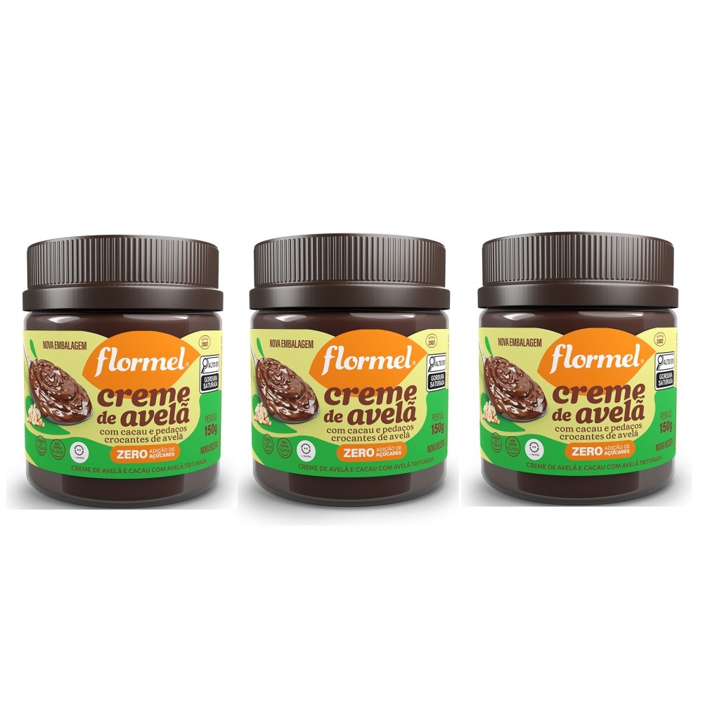 Kit 3 Potes de Creme de Avelã Flormel Crocante Zero Açúcar Sem Glúten Fonte de Fibras 150g em Oferta na Shopee