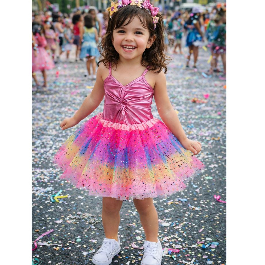 Fantasia Infantil Carnaval Colorida com Body e saia de Tule e Glitter em Oferta na Shopee