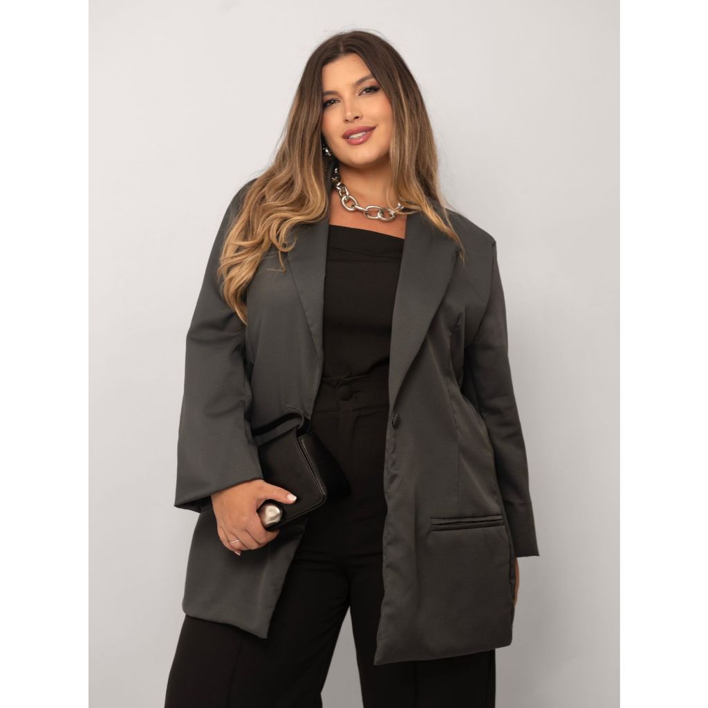 Blazer Feminino Plus Size Alongado em Alfaiataria Premium com Botão Único em Oferta na Shopee