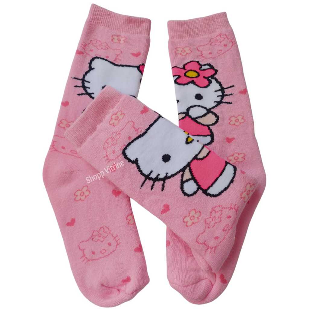 Meia Divertida Infantil Cano Alto em Algodão com Estampa Hello Kitty Rosa em Oferta na Shopee