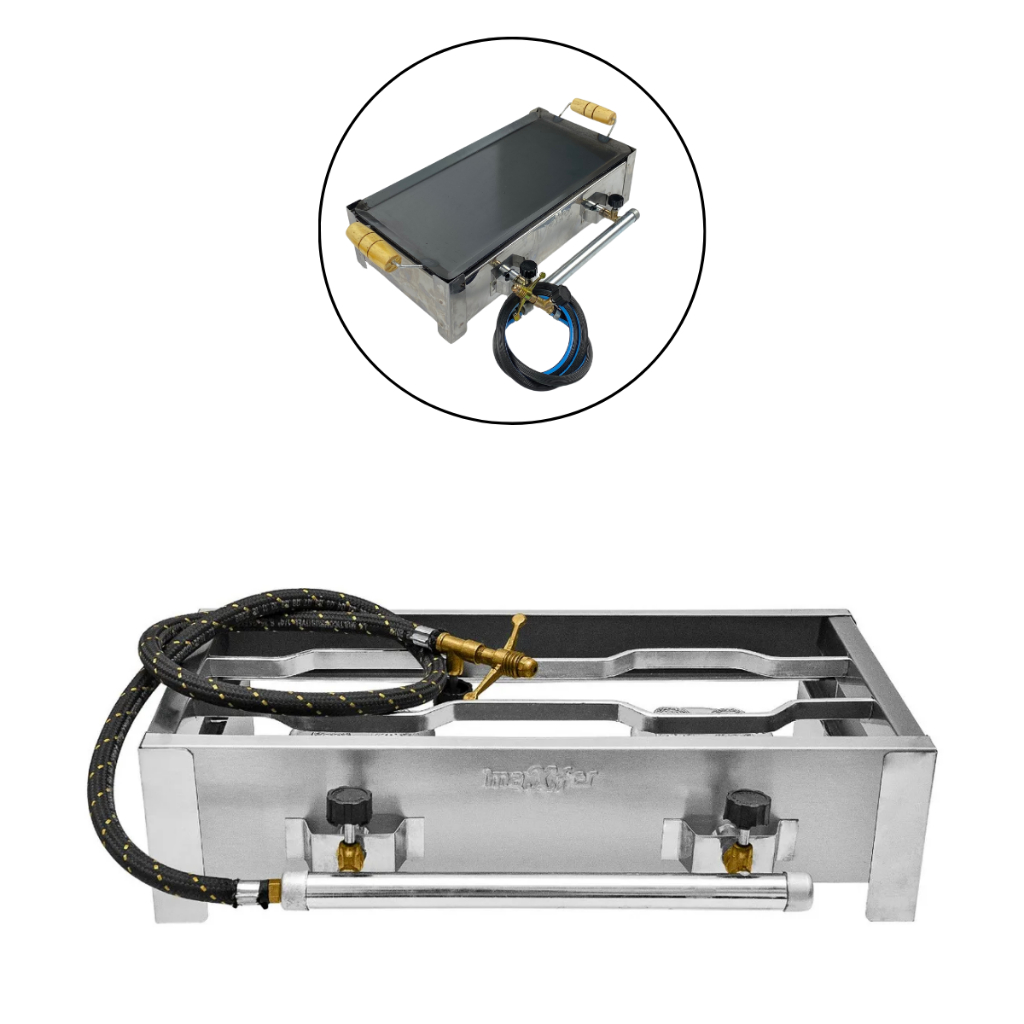 Fogareiro Fogão INOX Compacto A Gás GLP Duplo 2 Bocas Tradicional Camping Churrasco Portátil