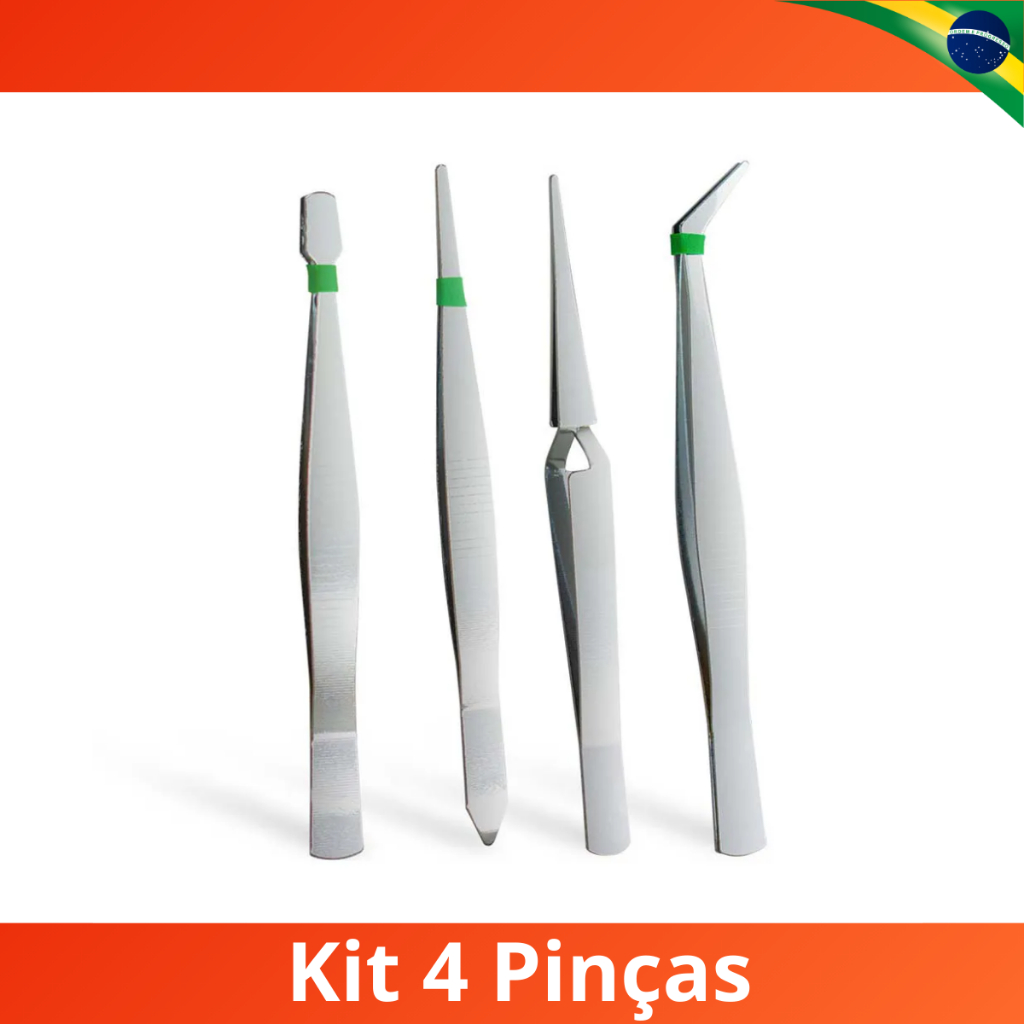 Kit 4 Pinças Profissional Reta Curvada Bico de Pato Artesanato Uso Geral Eletrônico Relógio E