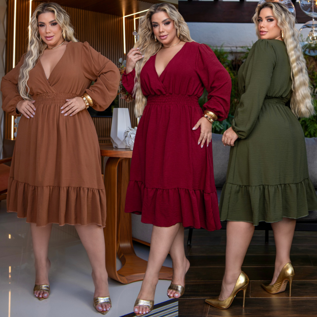 Vestido Plus Size Midi Manga Longa Festa Decote V Transpassado Confortável Amamentação em Oferta na Shopee