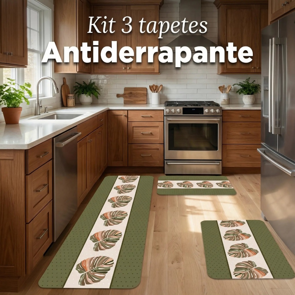 Kit de 3 Tapetes para Cozinha Antiderrapante Emborrachado Decorativo Folhas do Horizonte em Oferta na Shopee