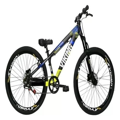 bicicleta Vikingx Tuff25 preto amarelo whelling single freio hidraulico vmaxx liso