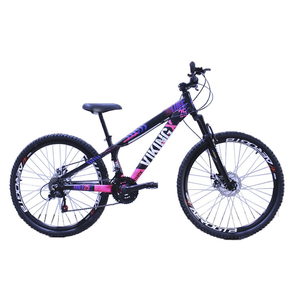 Bicicleta Vikingx tuff25 Preto com Rosa rodas Aero Aro 26 Cambios Importados 21V freio a disco