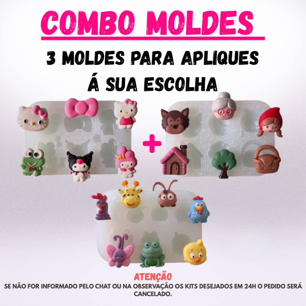 Combo Personalizado | 3 Moldes de Silicone para Apliques de Artesanato