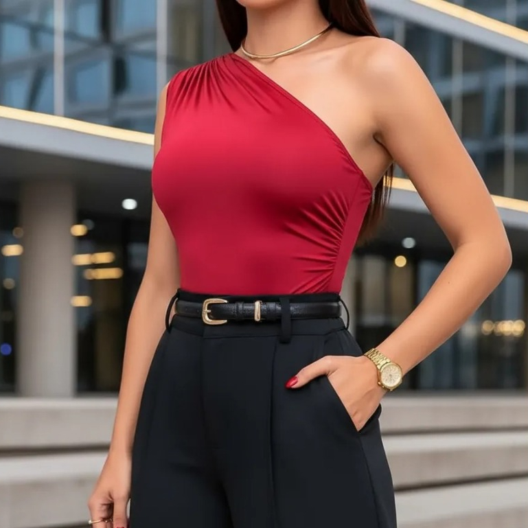 Body Um Ombro Só Plissado Tecido Suplex Poliamida Alta Qualidade Sofisticado em Oferta na Shopee