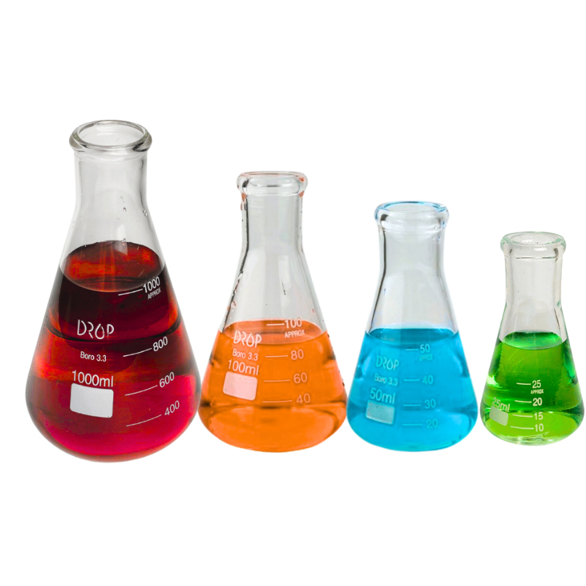 Kit 4 Frascos Erlenmeyer Boca Estreita Vidro Borossilicato Graduados Resistente 25 50 100 1000 ml