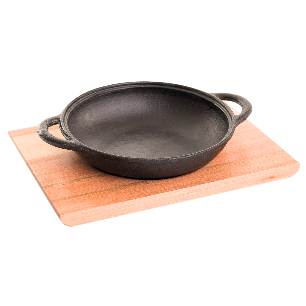 Rechaud de Ferro Fundido com Base de Madeira 30x23cm Chapa para Servir Carnes Petiscos e Fondue