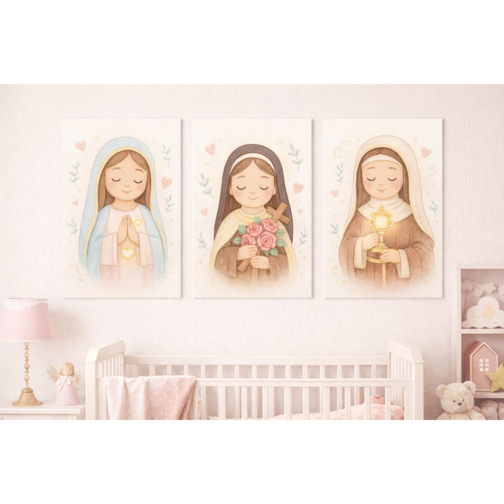 Kit Quadros Decorativos 3 Peças Mosaico Religioso Infantil Maria Santa Teresinha Santa Clara Fé Rosa