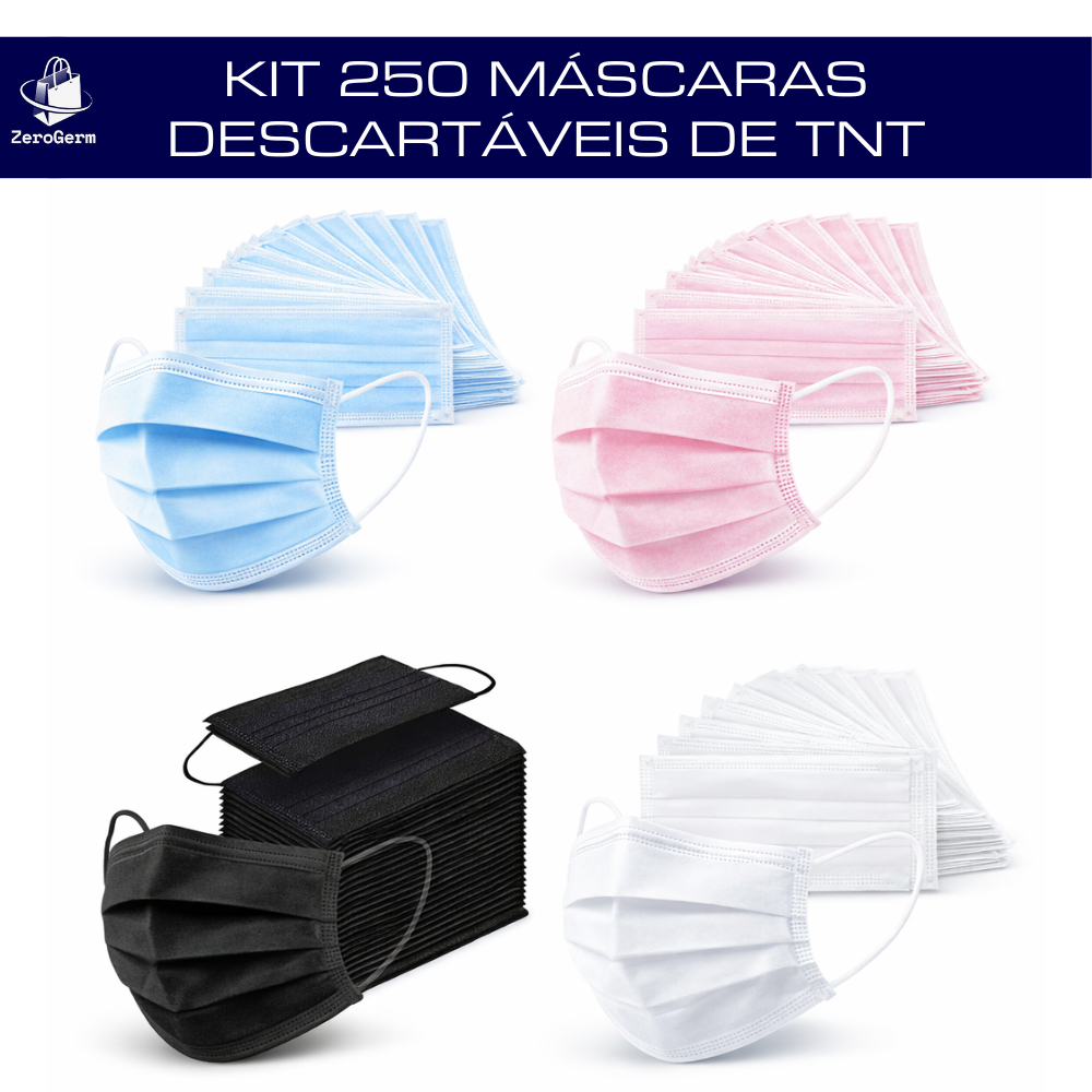 Kit 250 Máscaras Descartaveis TNT Preta, Branca, Azul Ou Rosa Tripla Camada Adulto