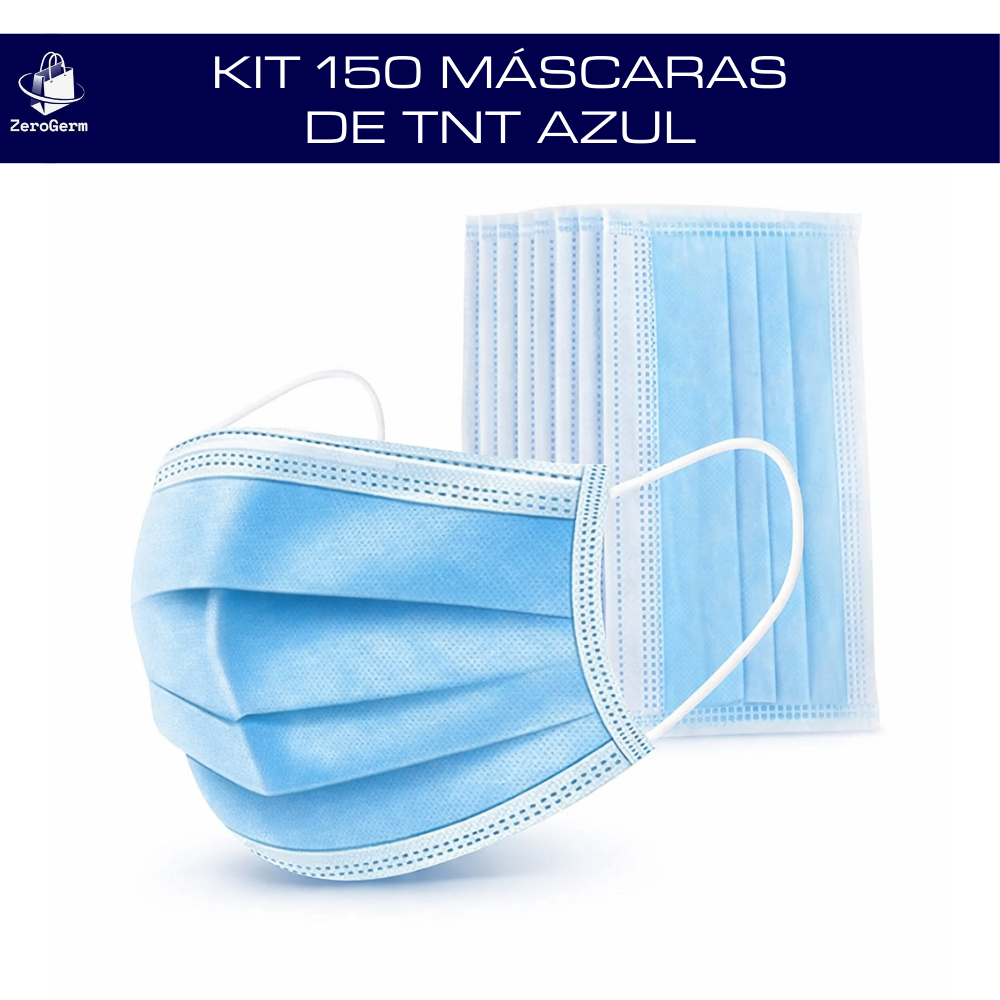 Kit 150 Máscara Descartável TNT AZUL | Tripla Camada c/ Clipe Nasal Adulto