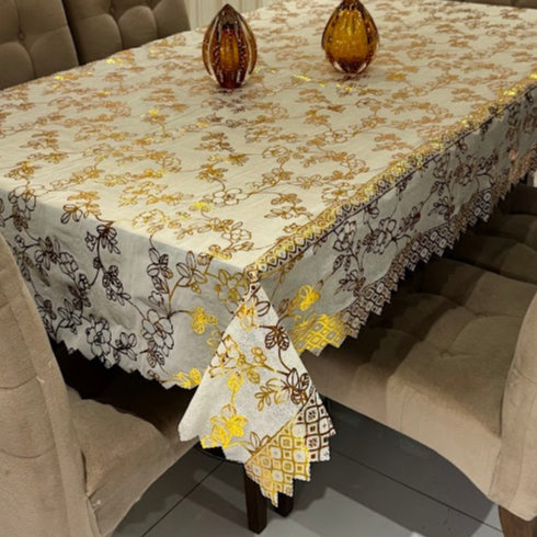 Toalha de Mesa Retangular 2,00x1,40 m – PVC Rendada Ouro Luxo