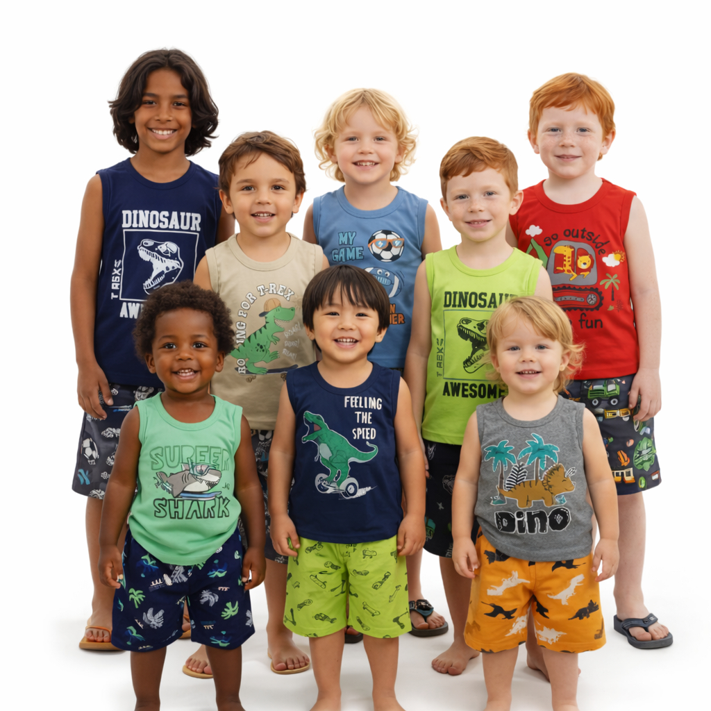 Kit 6 Peças Roupa Infantil Masculino de Verão – Kit com 3 ou 1 Conjuntos Regata e/ou Manga Curta, Estampas Sortidas