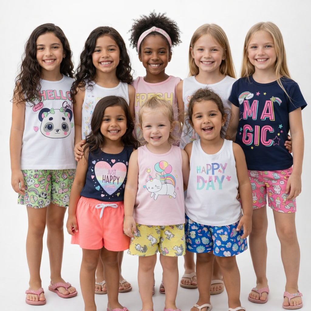 Kit 6 Peças Roupa Infantil Feminina de Verão – Kit com 3 ou 1 Conjuntos (FEM) Regata e/ou Manga Curta, Estampas Sortidas