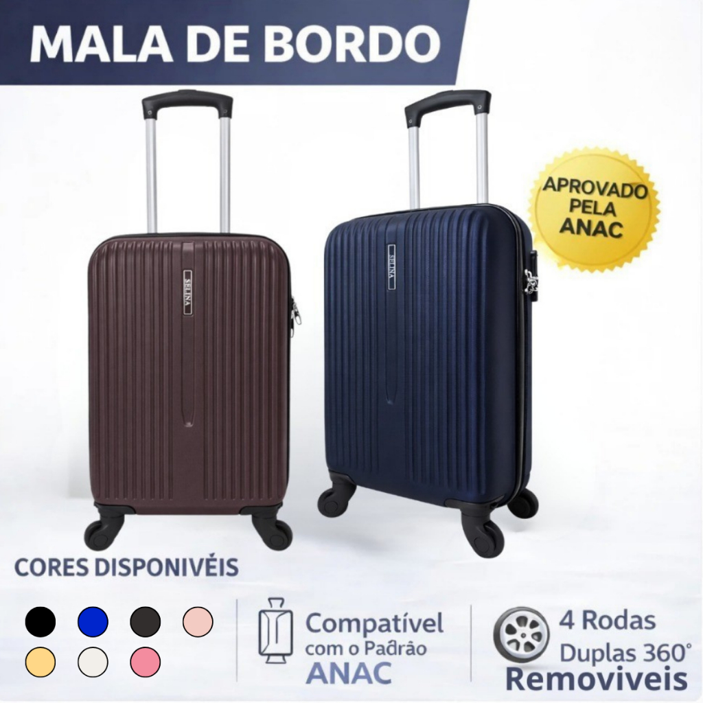 Mala de Bordo Rígida 10Kg Rodas 360° Medidas ANAC Cadeado Embutido Resistente Viagem