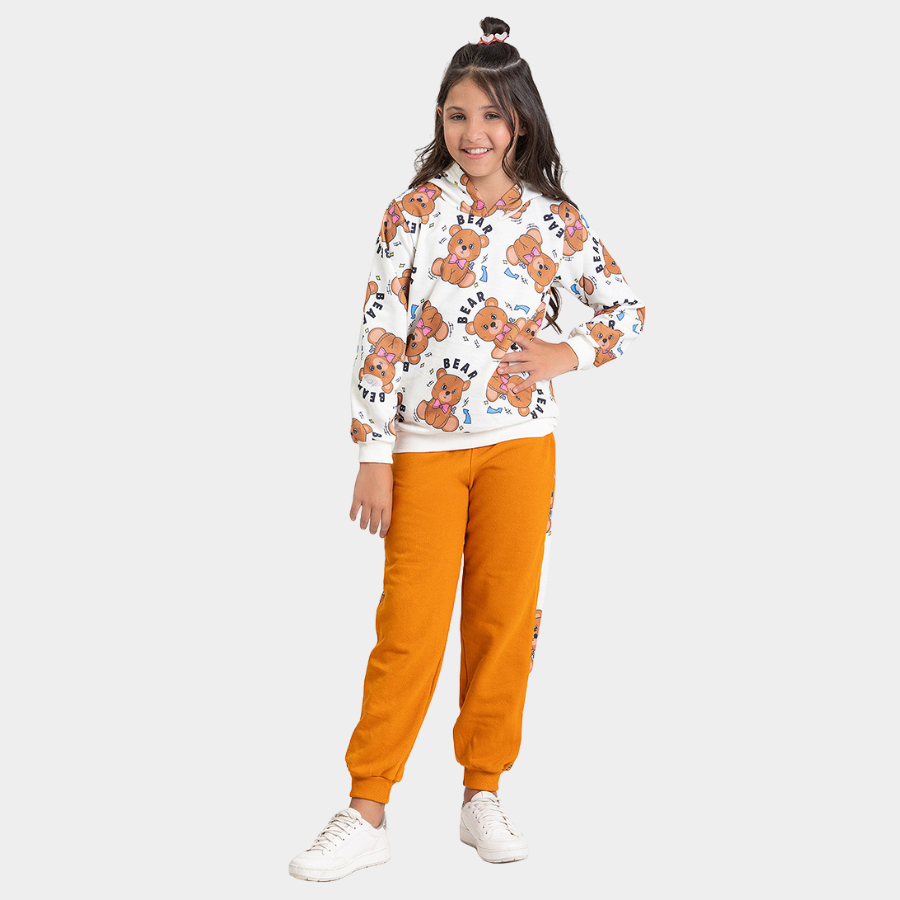 Conjunto Inverno Menina Blusão com Capuz e Calça com Recortes em Moletom Ursinhos