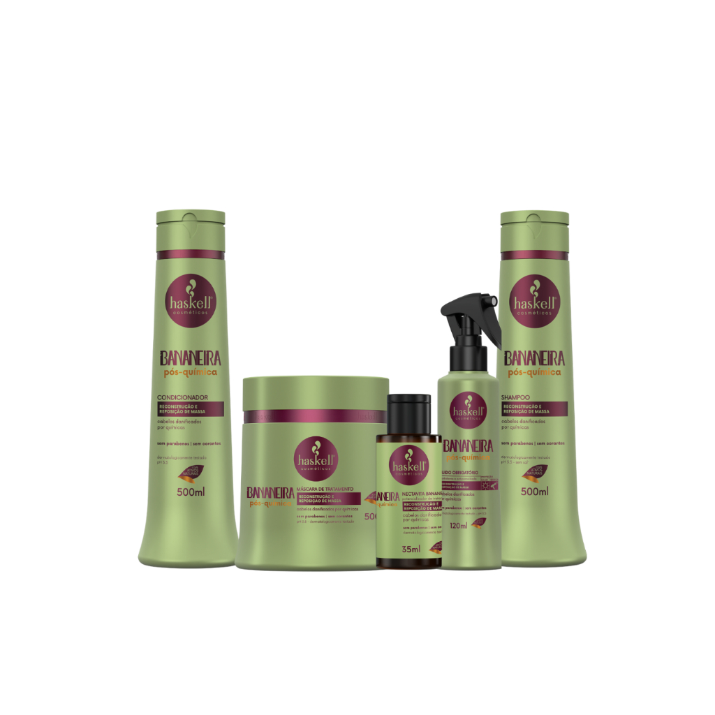 Kit Bananeira 500ml Haskell 5 itens - Shampoo, Condicionador, Mascara, Fluido e Nectvita