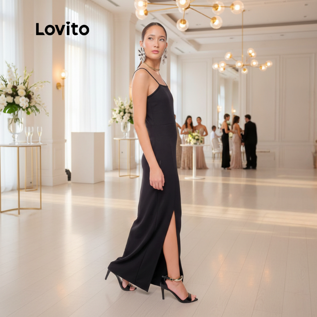 Lovito Vestido Longo Preto Basico Alcas Casual Liso Feminino LB1429BRL1459 em Oferta na Shopee