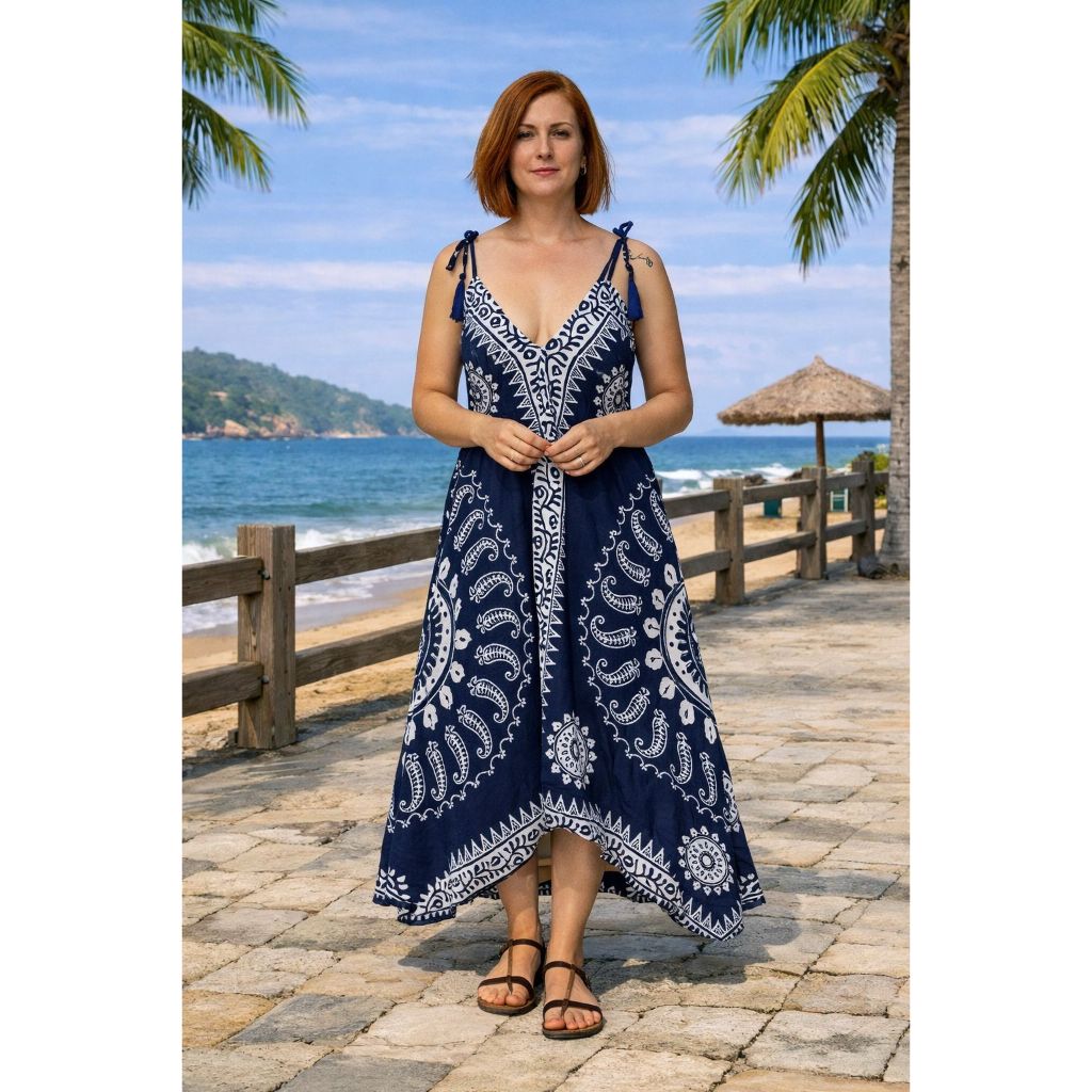 Vestido Feminino Indiano Mandala Boho Fresquinho Viscose Estampado Costas Abertas – Verão Passeio