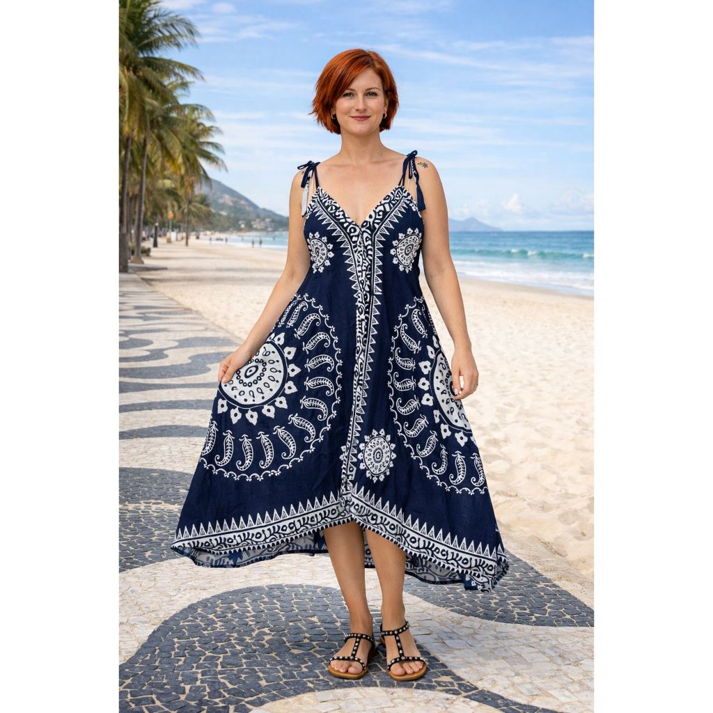 Vestido Verão Feminino Indiano Estampado Viscose Costas Nua Fresquinho Mandala Praia