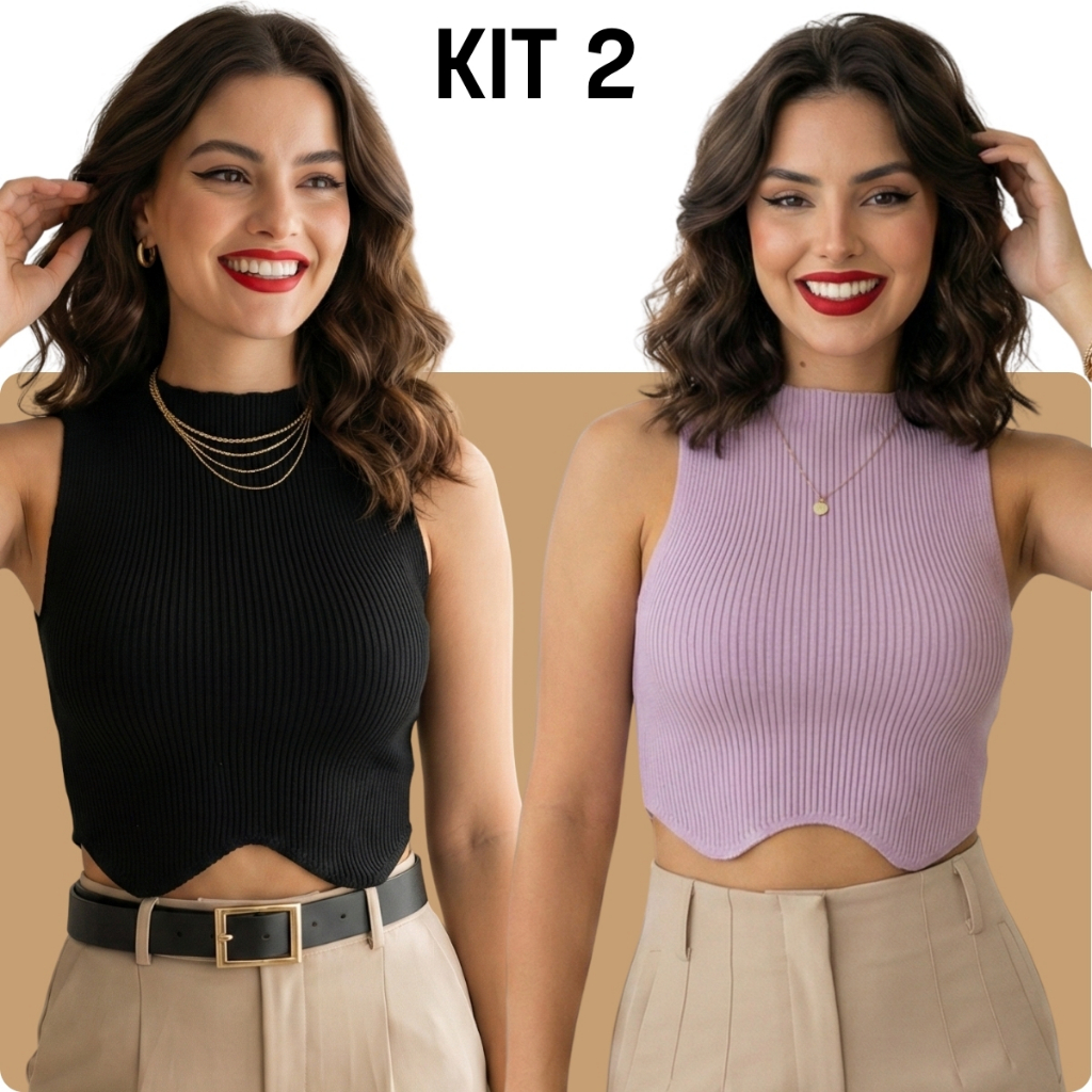 Kit 2 Cropped Tricot Modal Gola Alta Barra V Invertido Canelado Tendência Moda Gringa Feminino