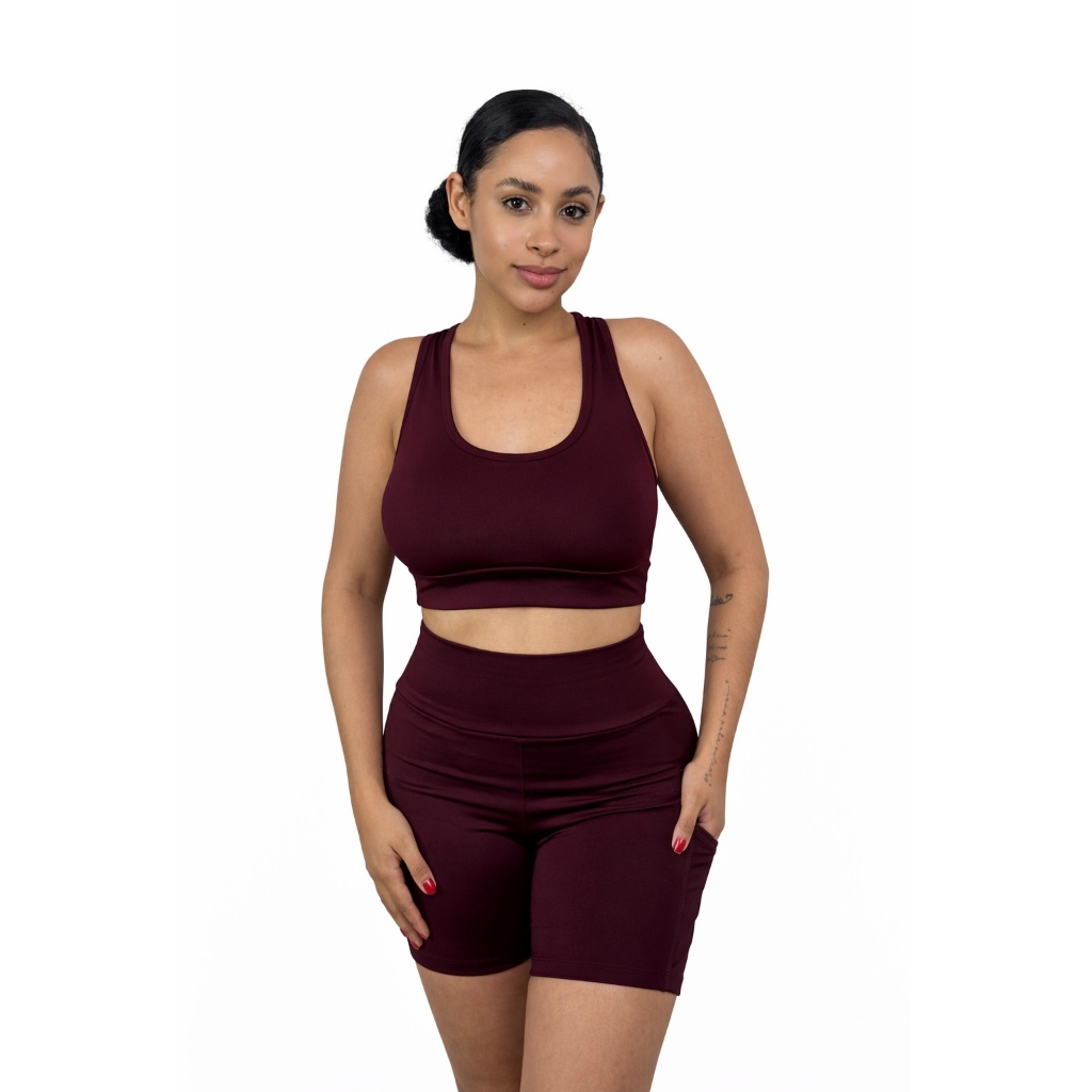CONJUNTO ACADEMIA SHORTS E TOP FEMININO FITNESS CINTURA ALTA SUPLEX