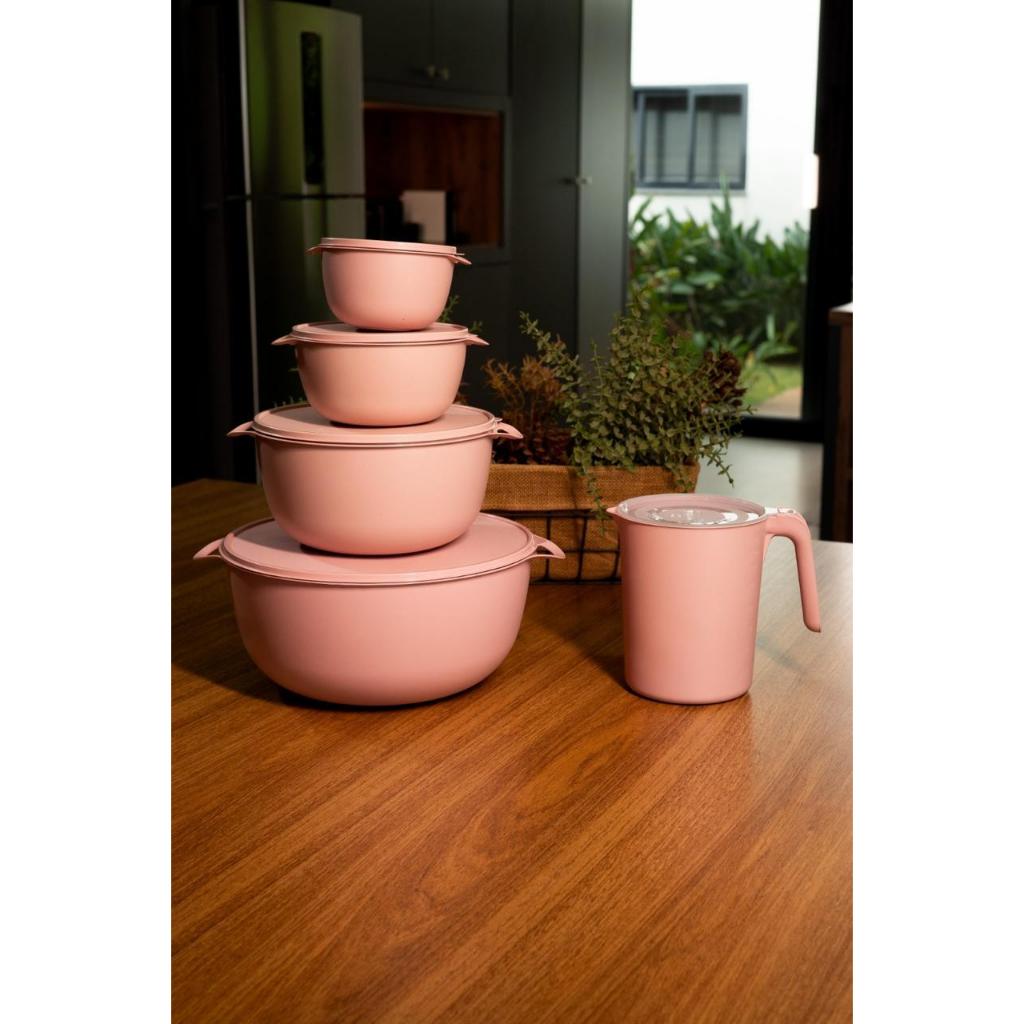 Kit Potes Redondos + Jarra Brinde Plástico Bowl Com Tampa Cozinha Utilidade Armazenar Alimentos