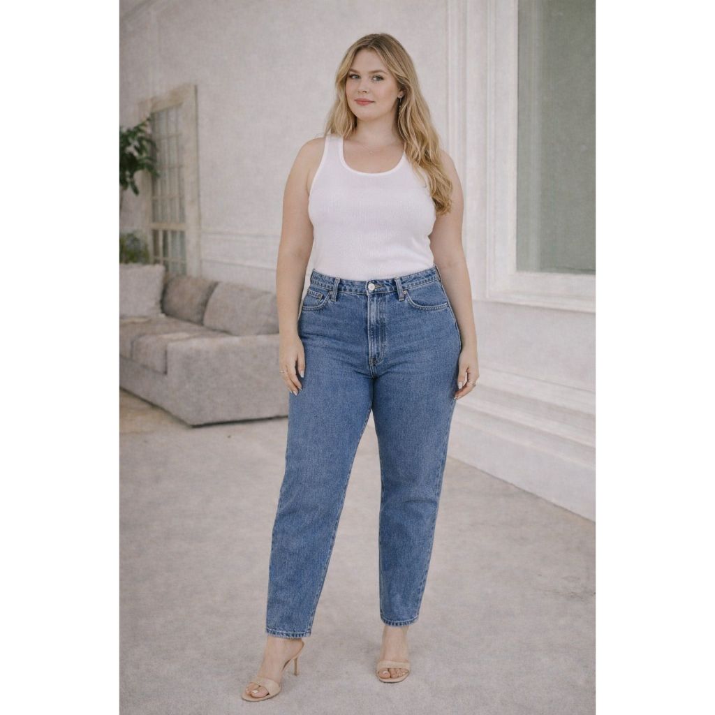 Calça Mom Feminina Plus Size Cintura Alta com Elástico na Cintura em Oferta na Shopee