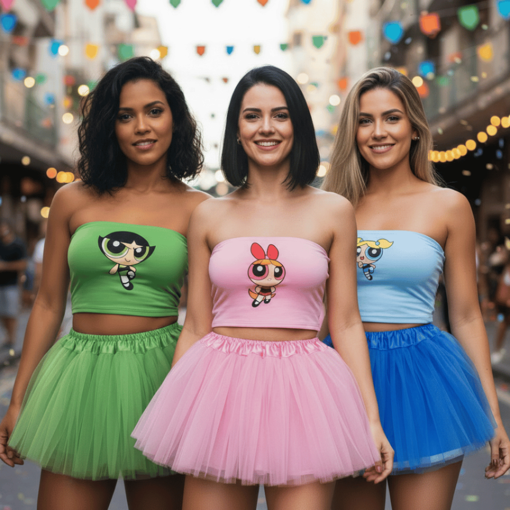 FANTASIA CONJUNTO SAIA DE TULE +TOP TUBE ESTAMPADO MENINAS PODEROSAS | CARNAVAL | HALLOWEN | FESTAS