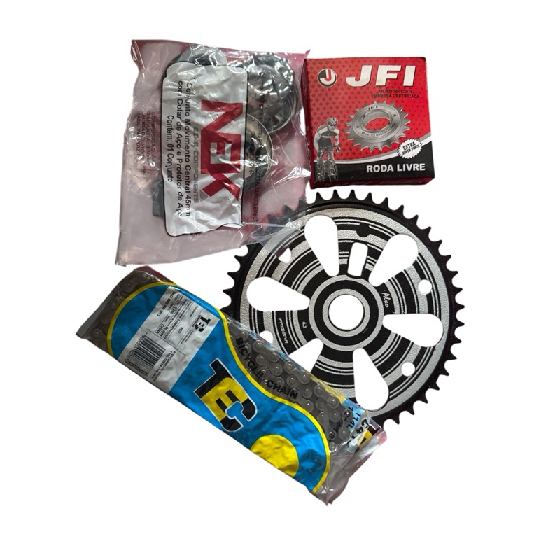 KIT RELAÇÃO DE TRANSMISSÃO ÚNICA PARA BIKE CORRENTE / COROA / CATRACA E CAIXA DE CENTRO BICICLETA