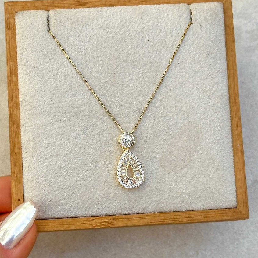 [ SEMI JOIA ] Colar Feminino Gota Cravejada Luxo Delicada Acessórios Banhado Ouro 18k Anti Alérgico