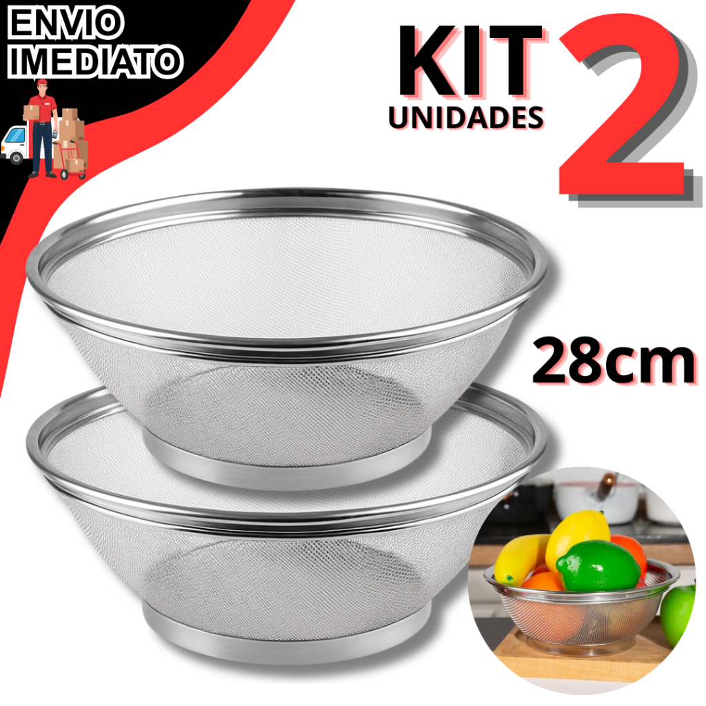 Kit Cesto Cesta De Inox Escorredor 28CM Para Lavar Alimentos Arroz Legumes Frutas Massas Resistente Multiuso