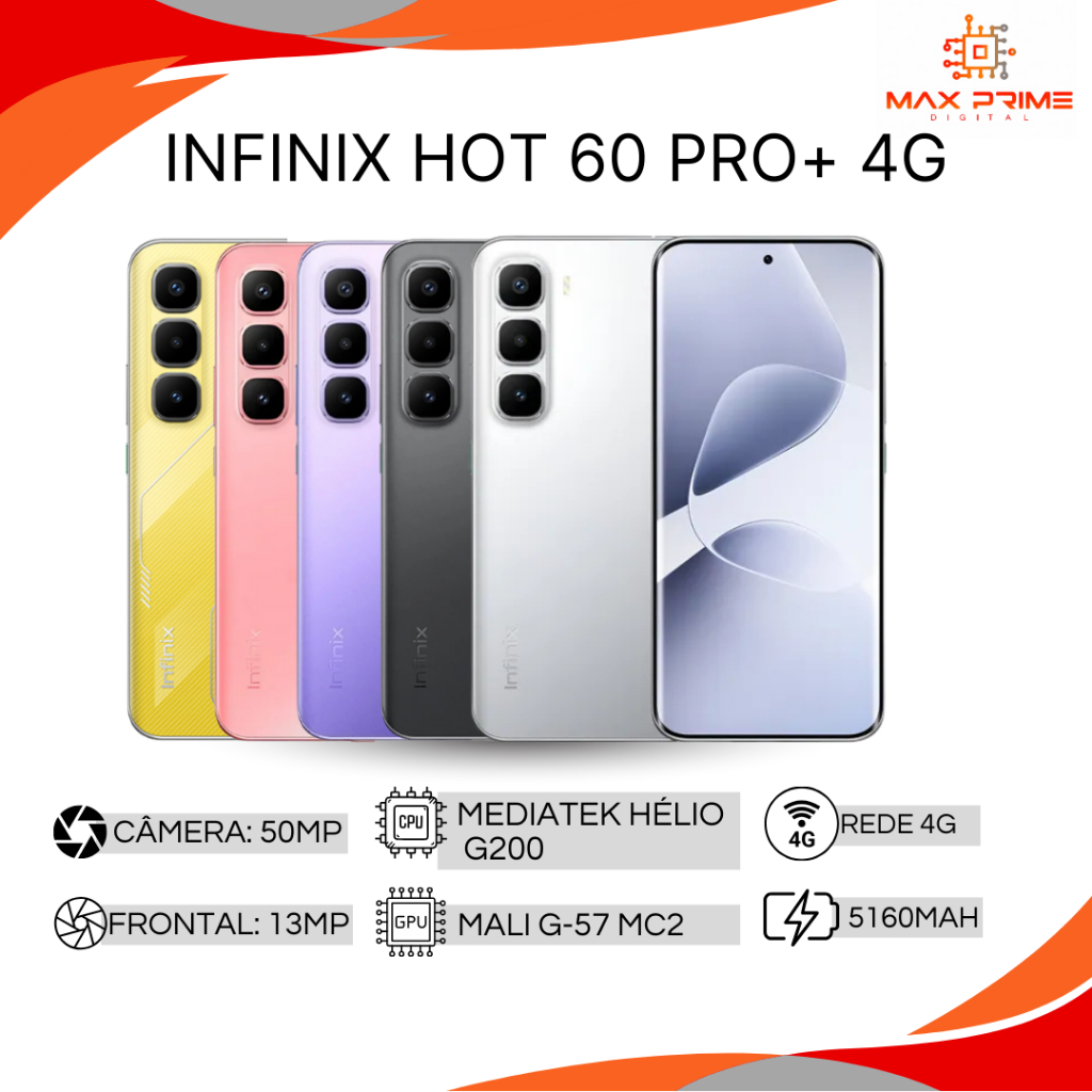 Infinix Hot 60 Pro+ 4G 256GB/8GB RAM, Versão Global, Processador MediaTek Helio G200, Câmera 50MP Bateria 5160mAh em Oferta na Shopee