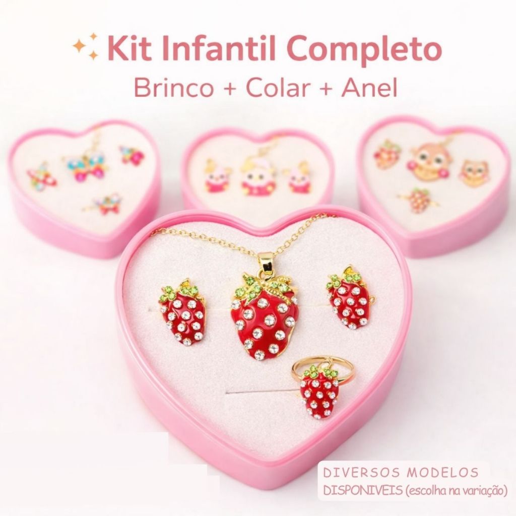 Colar + Brinco + Anel Infantil Menina Bijuteria Com pingente Caixinha de Coração Diversos Modelos em Oferta na Shopee