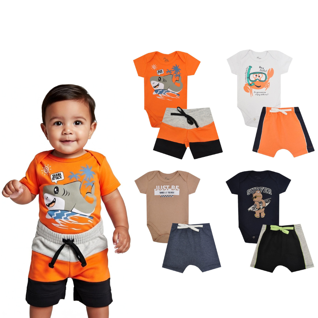 Kit 2 Conjuntos Body + Shorts Masculino Bebê Sortido Algodão P ao 3 Confortável