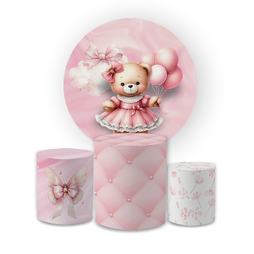 Kit Capas Painel Redondo + Trio Cilindros Tema Chá de Bebê Cute Baby Decoração Lançamento Oferta