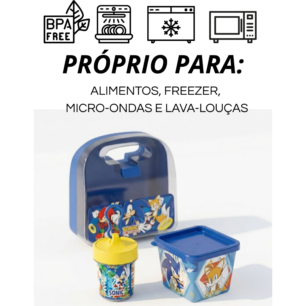 Conjunto Volta as Aulas Com Maleta + 2 Potes Sonic Lancheira Portátil para Escola e Passeio