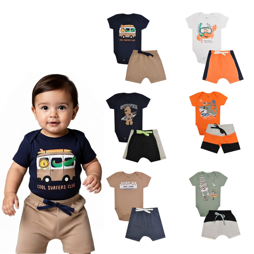 Kit 3 Conjuntos Body + Shorts Masculino Bebê Sortido Algodão P ao 3 Confortável