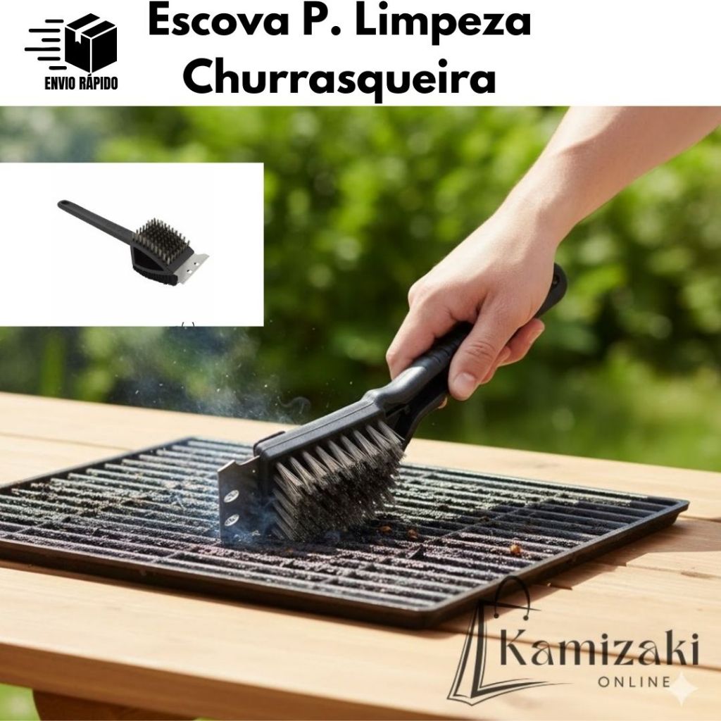 Escova Limpa Grelha 3 em 1 Profissional para Churrasco Limpeza Pesada Churrasqueira e Espetos Ideal para Churrasqueiros