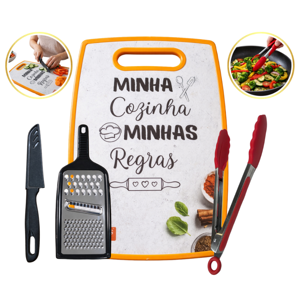 Tábua De Cozinha Multiuso + Pegador Silicone + Faca Ralador