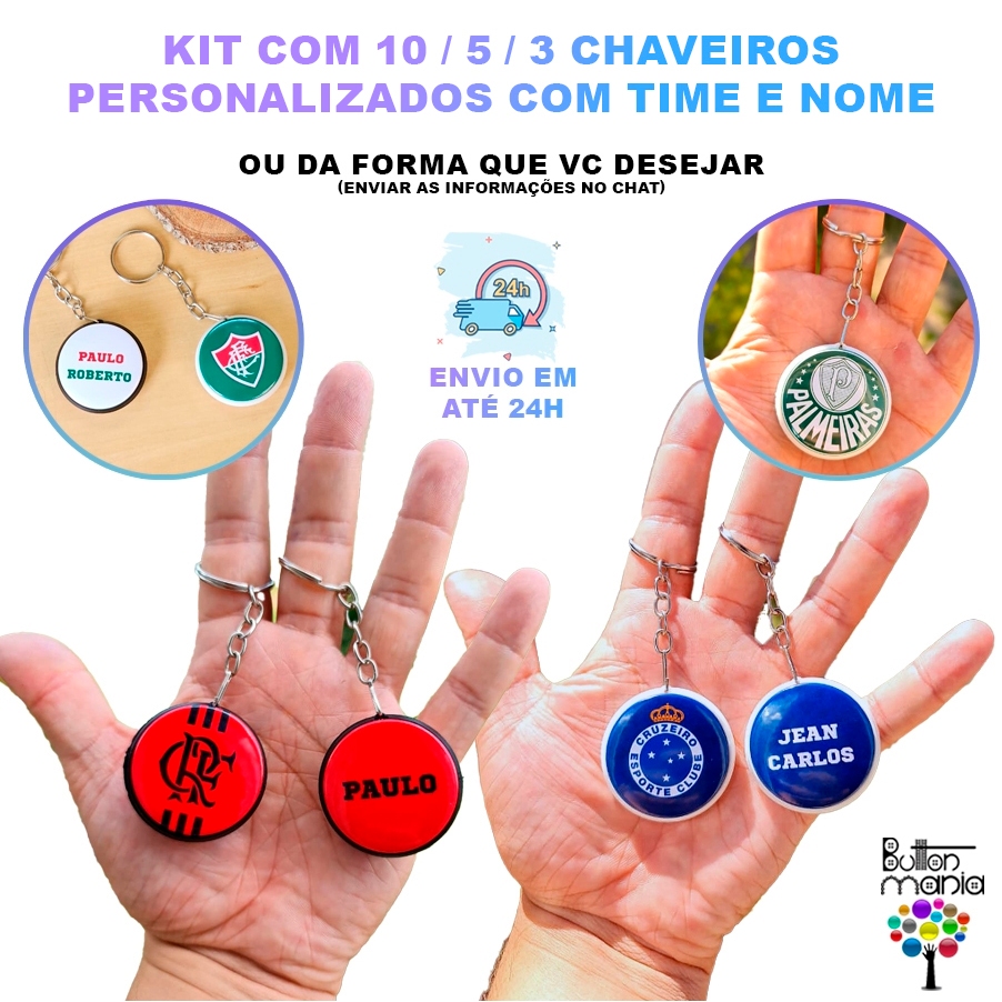 Kit Chaveiros Dupla Face Personalizado com seu Time e Nome 38mm
