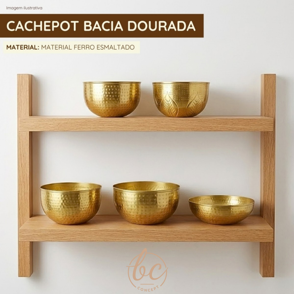 Cachepot Decorativo Dourado Bacia Ferro Esmaltado Moderna Organização Plantas Mesa Aparador
