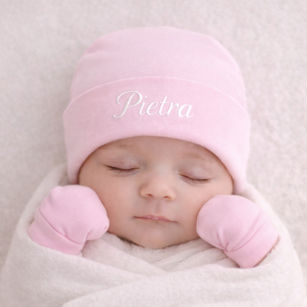 Touca E Luva RN Personalizada Nome Bordado Malha 100 Algodão Bebê