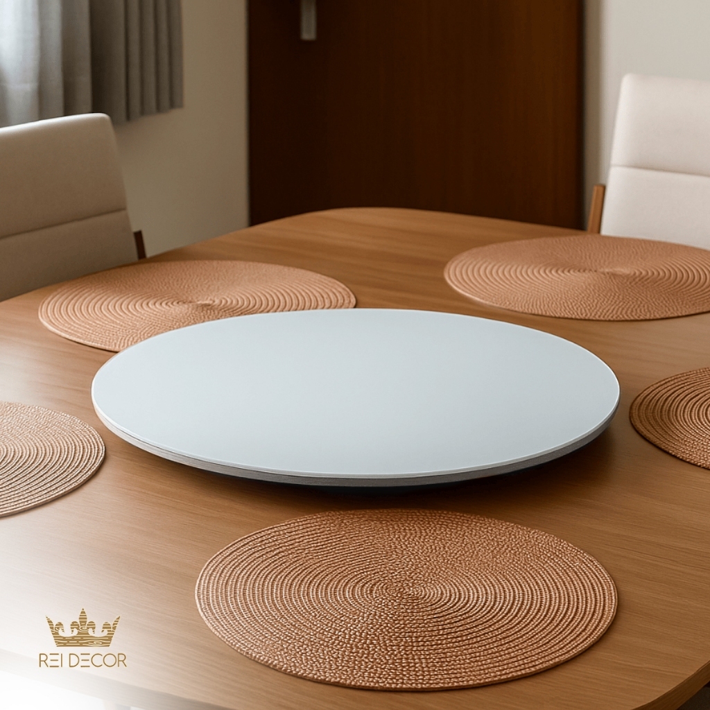 Centro de Mesa Giratório Redondo Off White de Vidro 80cm Para Decoração e Organização Elegante